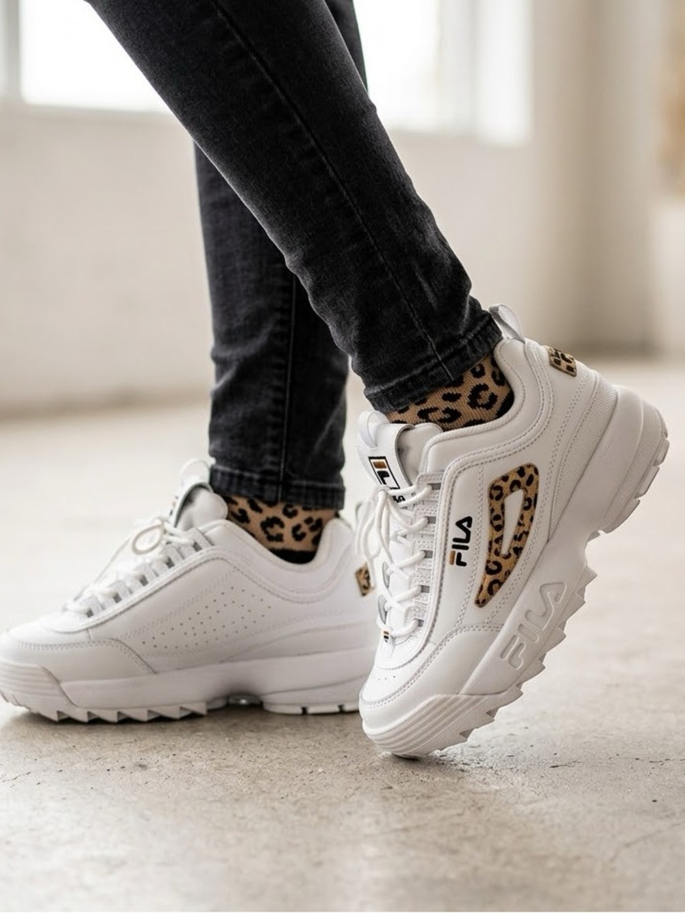 FILA White Kids Sneakers with Leopard Print Accents